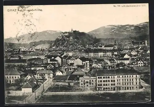 AK Graz, Ortsansicht mit Blick auf St. Josef-Kirche u. Berge