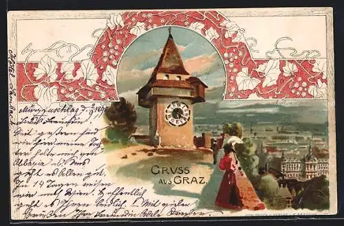 Lithographie Graz, Uhrturm auf dem Schlossberg