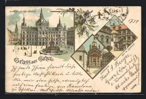 Lithographie Graz, Hof im Landhaus, Hauptplatz mit dem Rathaus, Mausoleum