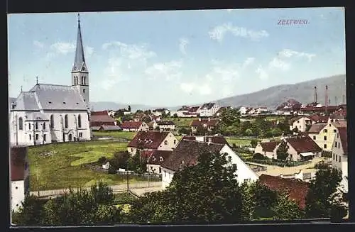 AK Zeltweg, Teilansicht der Ortschaft mit Kirche
