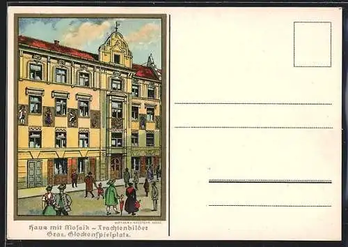 Künstler-AK Graz, Haus mit Mosaik-Trachtenbildern, Glockenspielplatz