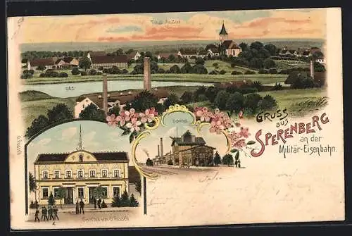 Lithographie Sperenberg, Gasthof von G. Posselt, Bahnhof der Militär-Eisenbahn, Totalansicht