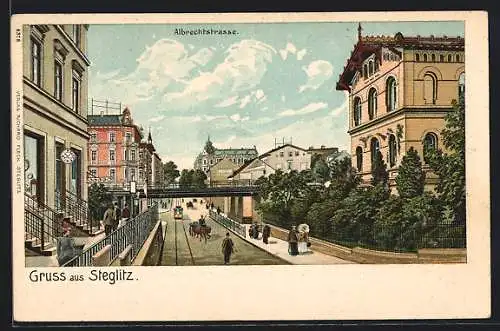 Lithographie Berlin-Steglitz, Albrechtstrasse mit Strassenbahn