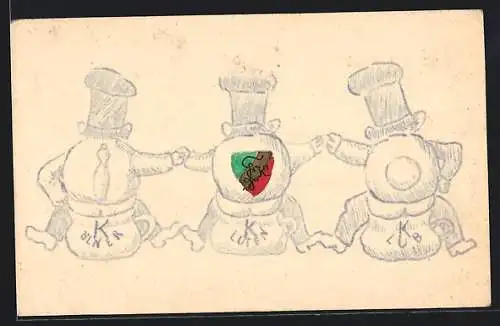 Künstler-AK Köln, Kölner Kluten-Klub, Rückenansicht von Keglern auf Nachttöpfen, Wappen