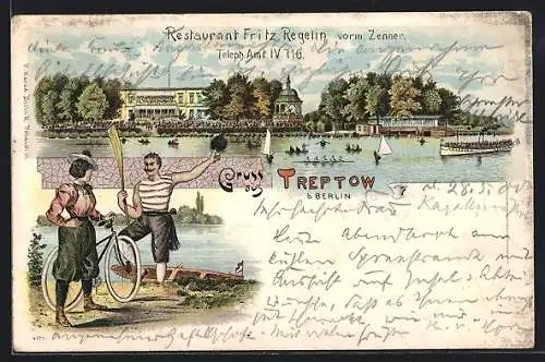 Lithographie Berlin-Treptow, Restaurant Fritz Regelin, Ruderer grüsst Radfahrerin