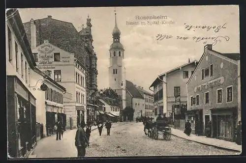 AK Rosenheim / Obb., Innstrasse mit Maschinenfabrik Franz Konrad und Spital-Kirche