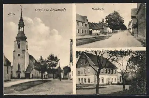 AK Braunsroda / Wischroda, Gasthaus zur Erholung, Kirche, Dorfstrasse