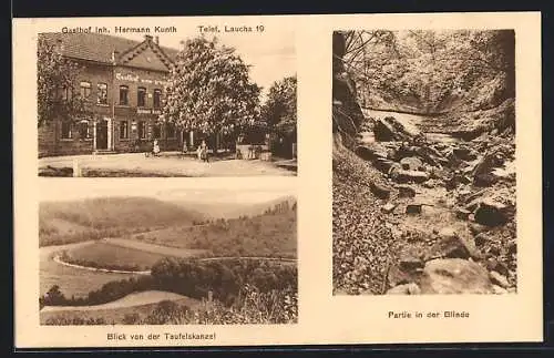 AK Tröbsdorf / Unstrut, Gasthof Hermann Kunth, Blick von der Teufelskanzel, In der Blinde