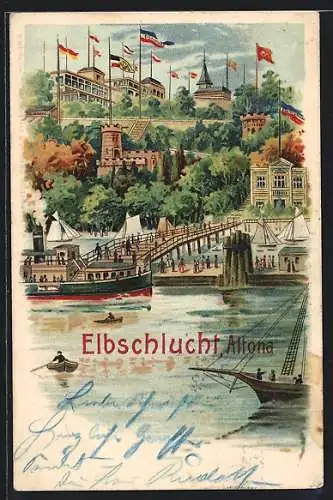 Lithographie Hamburg-Othmarschen, Dampfer am Gasthaus Elbschlucht