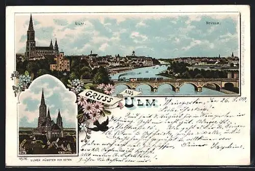 Lithographie Ulm / Donau, Totalansicht mit Neu-Ulm und Münster