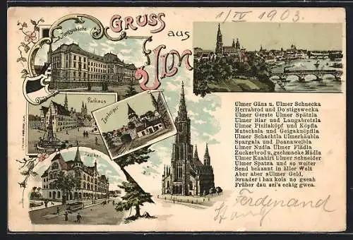 Lithographie Ulm / Donau, Ortsansicht mit Donau, Rathaus, Justizgebäude, Münster