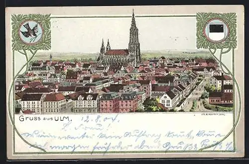 Lithographie Ulm / Donau, Teilansicht mit Münster, Stadtwappen