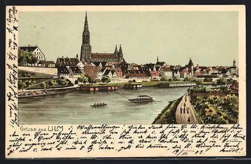 Lithographie Ulm / Donau, Ortspartie mit Münster