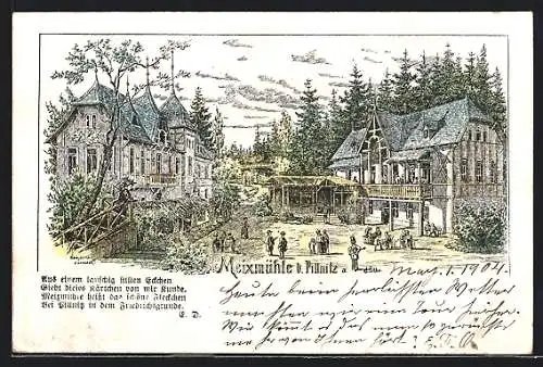 Lithographie Dresden-Pillnitz, Gasthaus Maixmühle, Gedicht