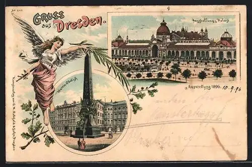 Lithographie Dresden, Ausstellung 1896, Ausstellungpalast, Wettin-Obelisk, Engel
