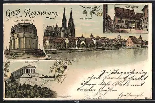 Lithographie Regensburg, Altes Rathaus, Die Befreiungshalle, Die Walhalla