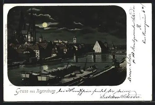 Mondschein-Lithographie Regensburg, Hafenpartie mit Dampfer