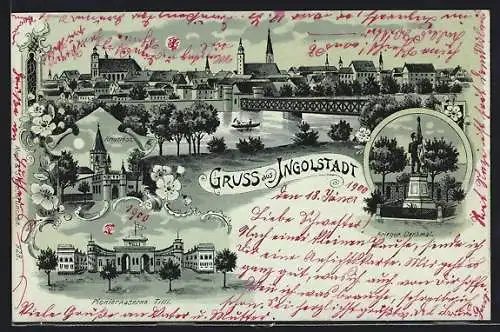 Mondschein-Lithographie Ingolstadt, Pionierkaserne Tilli, Kreuzthor, Krieger Denkmal