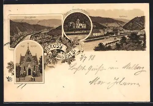 Lithographie Bad Ems, Russisch-Griechische Kapelle, Teilansicht mit Kurhaus