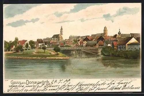 Lithographie Donauwörth, Flusspartie mit Kirche