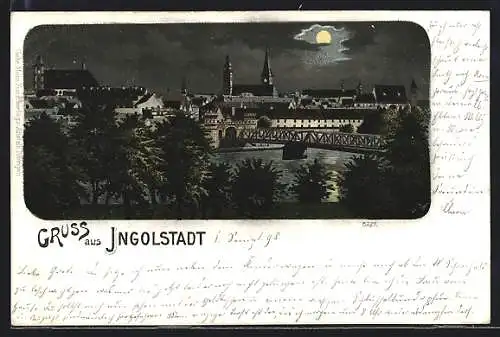Mondschein-Lithographie Ingolstadt, Ortsansicht bei Vollmond