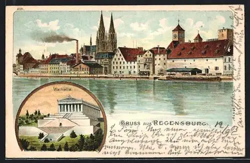 Lithographie Regensburg, Walhalla, Flusspartie mit Kirche