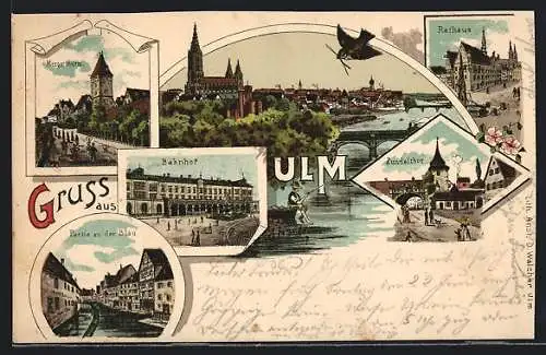 Lithographie Ulm / Donau, Bahnhof, Mezgerthrum, Rathaus, Zundelthor