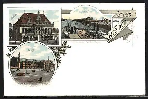 Lithographie Bremen, Rathaus, Freihafen und Bahnhof