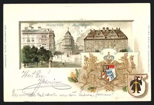 Lithographie München, Karlsplatz, Wappen, Münchner Kindl