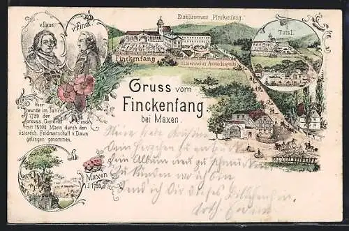 Lithographie Maxen, Etablissement Finckenfang, Herr v. Daun und v. Finck