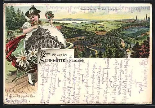 Lithographie Hamburg-Hausbruch, Gasthaus Sennhütte, Panorama von der Veranda aus gesehen