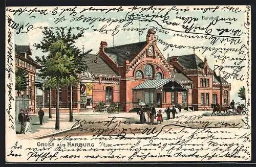 Lithographie Harburg a. Elbe, Bahnhof und Litfasssäule