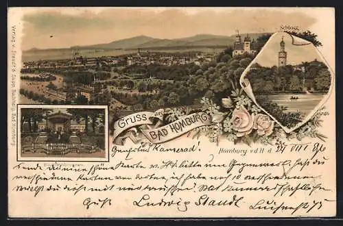 Lithographie Bad Homburg, Schloss, Elisabethbrunnen, Ortsansicht