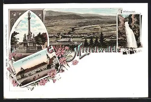 Lithographie Mittelwalde, Schloss, Kirche u. Rathaus, Marienstatue, Wölfelsfall