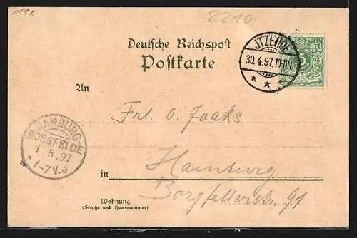 Lithographie Itzehoe, Kaiser Wilhelm Denkmal, Kaserne, Post, Hafen