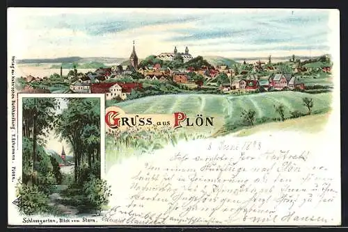 Lithographie Plön, Schlosgarten, Blick vom Stern, Ortsansicht