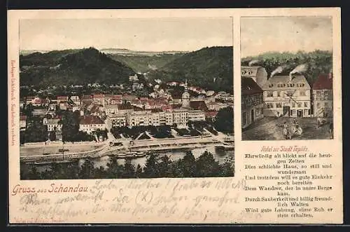 AK Schandau, Hotel zur Stadt Teplitz, Ortsansicht mit Dampfer