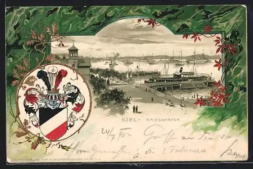 Passepartout-Lithographie Kiel, Dampfer am Kriegshafen, Wappen