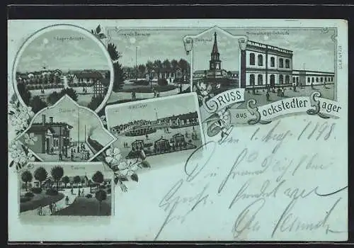Mondschein-Lithographie Lockstedter Lager, Generals Baracke, Lager-Ansicht, Bahnhof, Casino