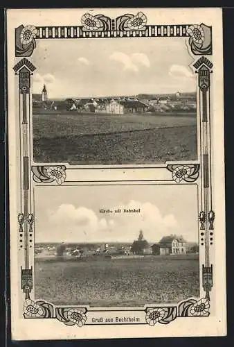AK Bechtheim / Rheinhessen, Kirche mit Bahnhof, Ortsansicht