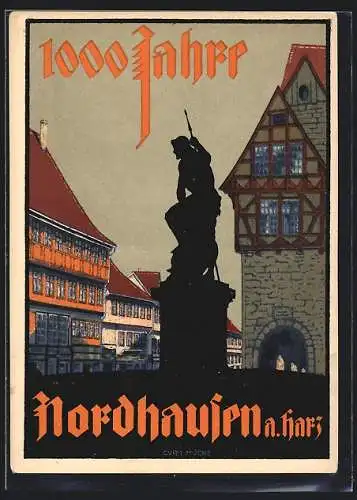 Künstler-AK Nordhausen a. Harz, Jahrtausendfeier, Denkmal auf dem Platz