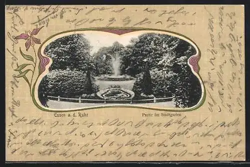 AK Essen a. d. Ruhr, Partie im Stadtgarten, Passepartout