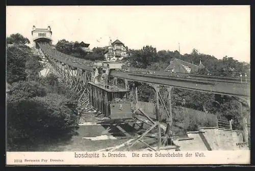 AK Dresden-Loschwitz, an der Strecke der ersten Bergschwebebahn, Blick hinauf auf zur Bergstation