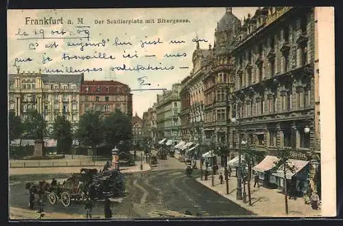 AK Frankfurt a. M., Schillerplatz und Strasse Bibergasse mit Geschäften