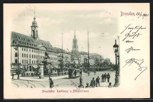AK Dresden-Neustadt, Neustädter Rathaus u. Hauptstrasse mit Strassenbahn
