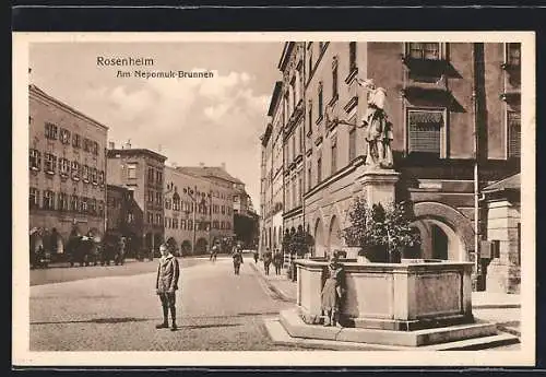 AK Rosenheim, Strassenpartie am Nepomuk-Brunnen