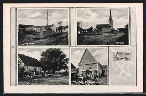 AK Obermöllern, Gasthaus zur guten Quelle, Dorfpartie mit Schule und Kirche
