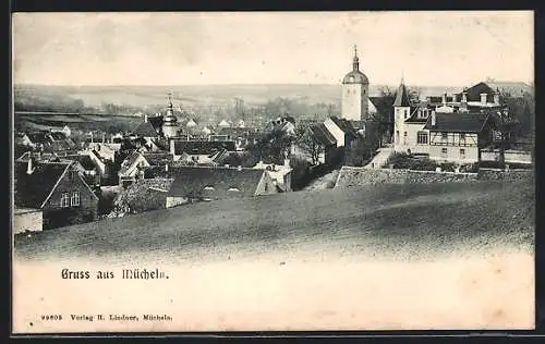 AK Mücheln / Geiseltal, Ortsansicht mit Kirche und Rathaus