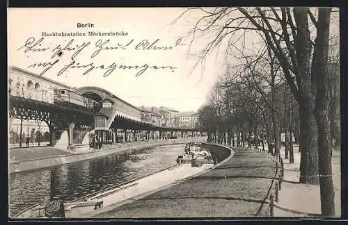 AK Berlin-Kreuzberg, Flusspartie an der Hochbahnstation Möckernbrücke