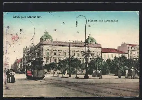 AK Mannheim, Planken mit Paradeplatz, Strassenbahn